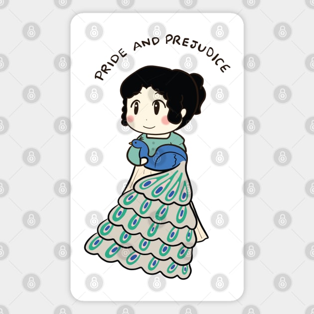 Cute Elizabeth Bennet and Peacock Drawing Magnet by MariOyama